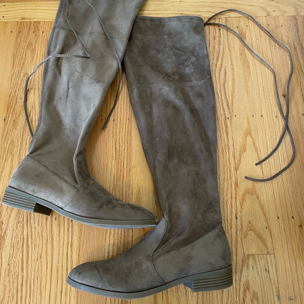 Brown suede knee high tie boots